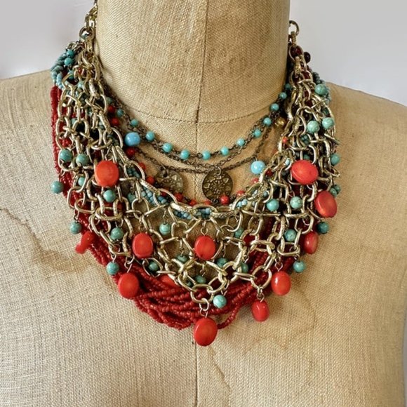 Layered Necklace Lot, Red, Turquoise, Boho, Beaded, Glass, Coral, Vintage, Gold - Picture 1 of 7
